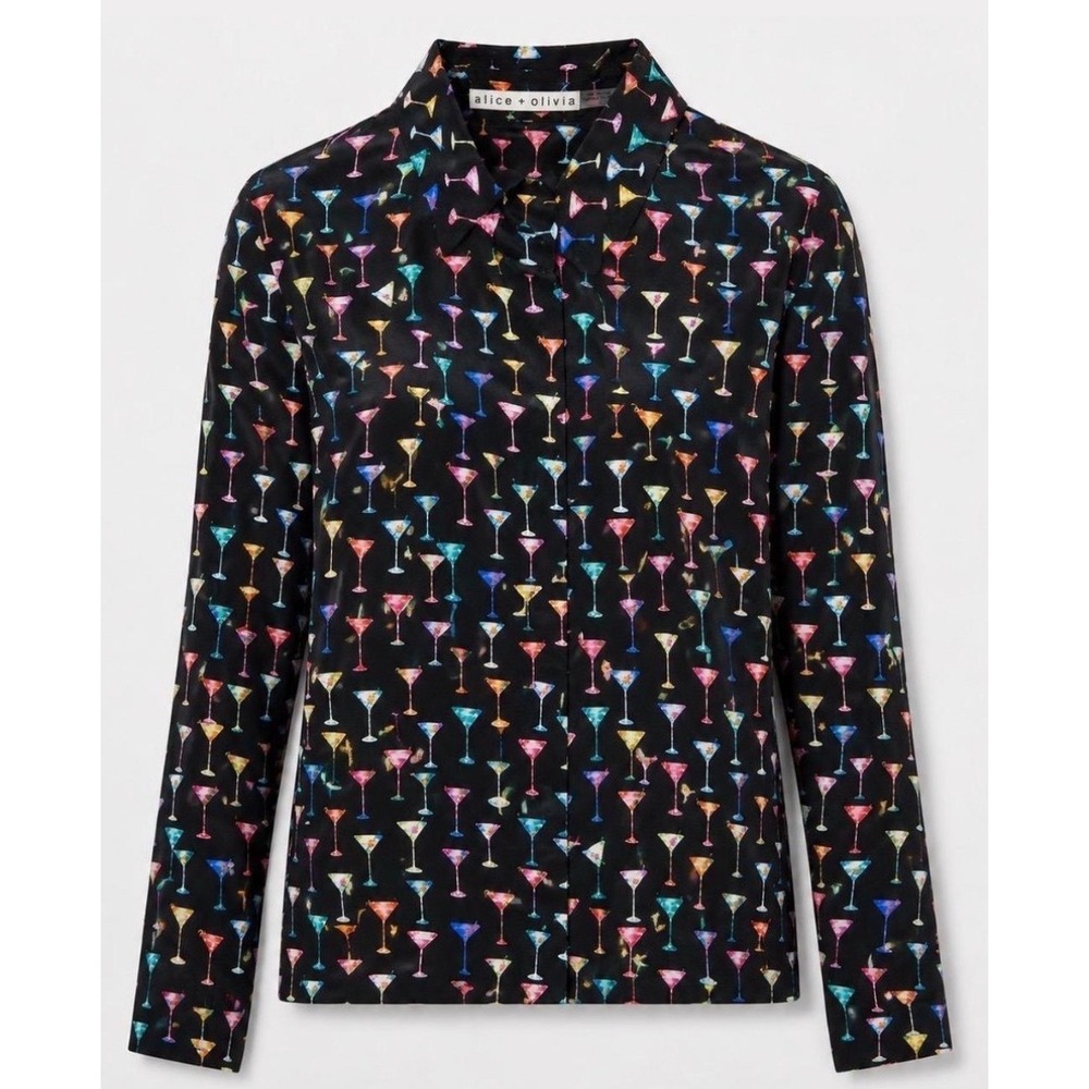 Alice + Olivia Willa Martini Print Silk Blouse Black Multi Button Down Size XS